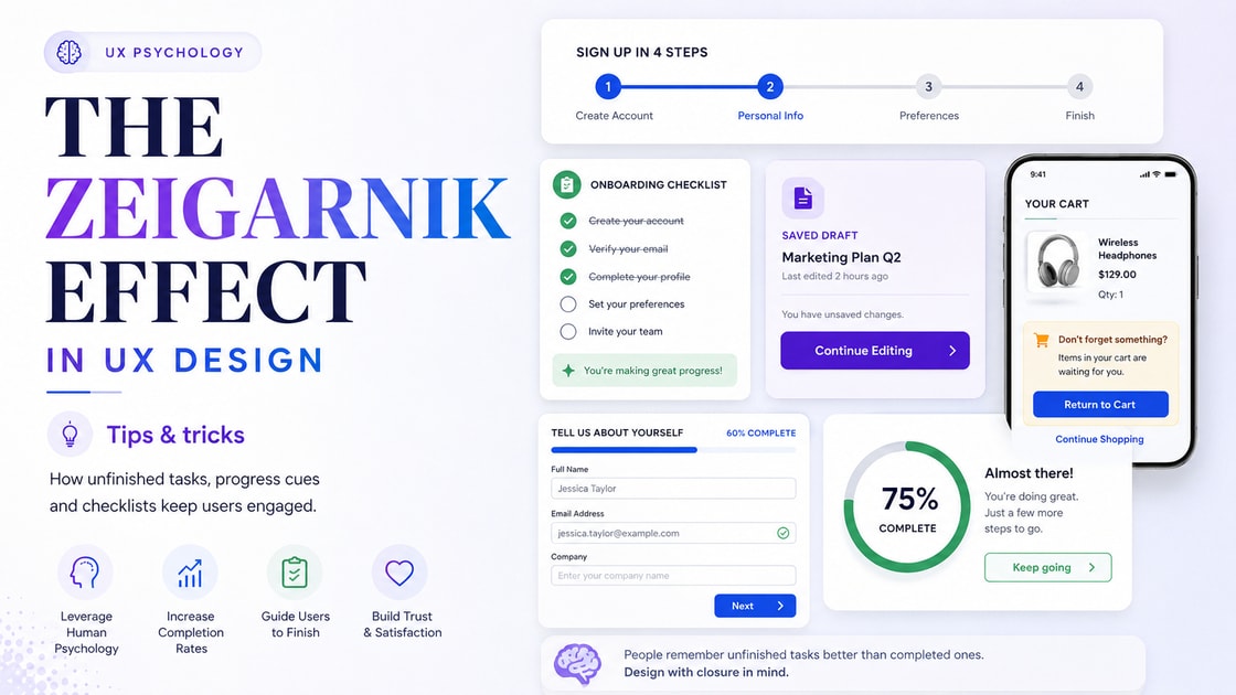 The Zeigarnik Effect in web design showing progress bars, unfinished tasks, checklists, forms, and user engagement cues